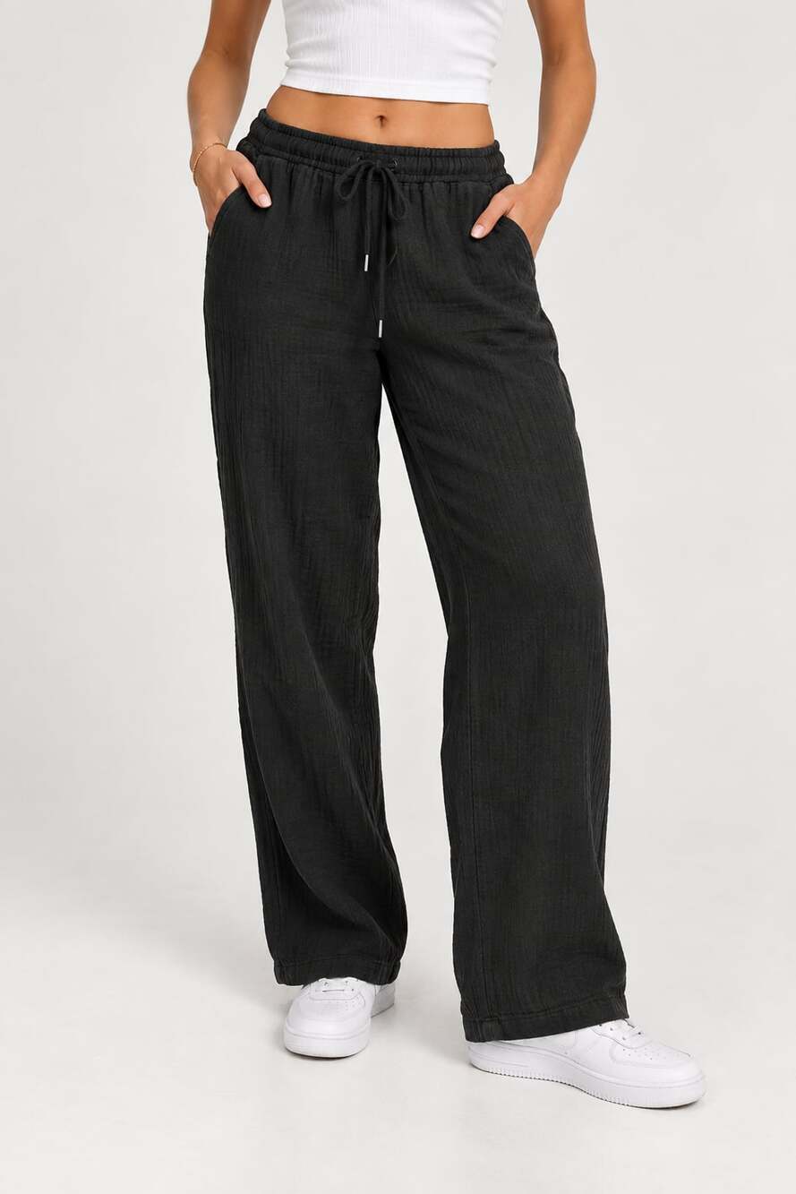Quince Pants Size L Black Textured Drawstring Wide Leg Casual
